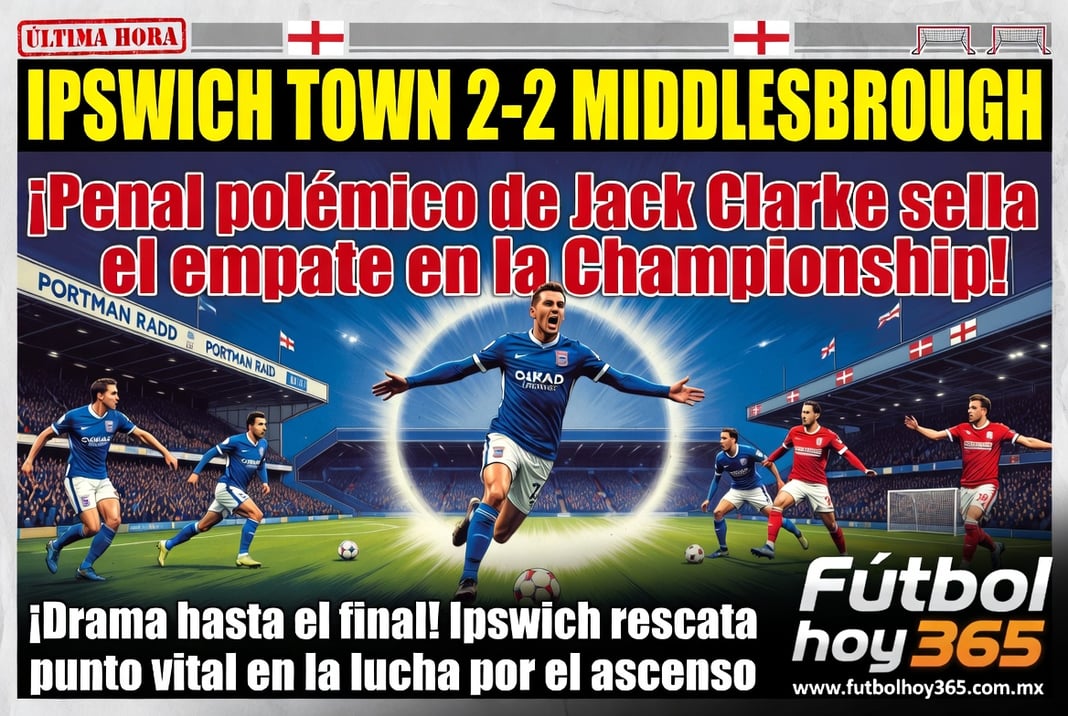 Ipswich Town 2-2 Middlesbrough Penal polémico de Jack Clarke sella el empate en la Championship