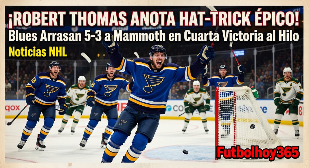 Robert Thomas Anota Hat-Trick: St. Louis Blues Derrotan 5-3 a Utah Mammoth en Cuarta Victoria Consecutiva
