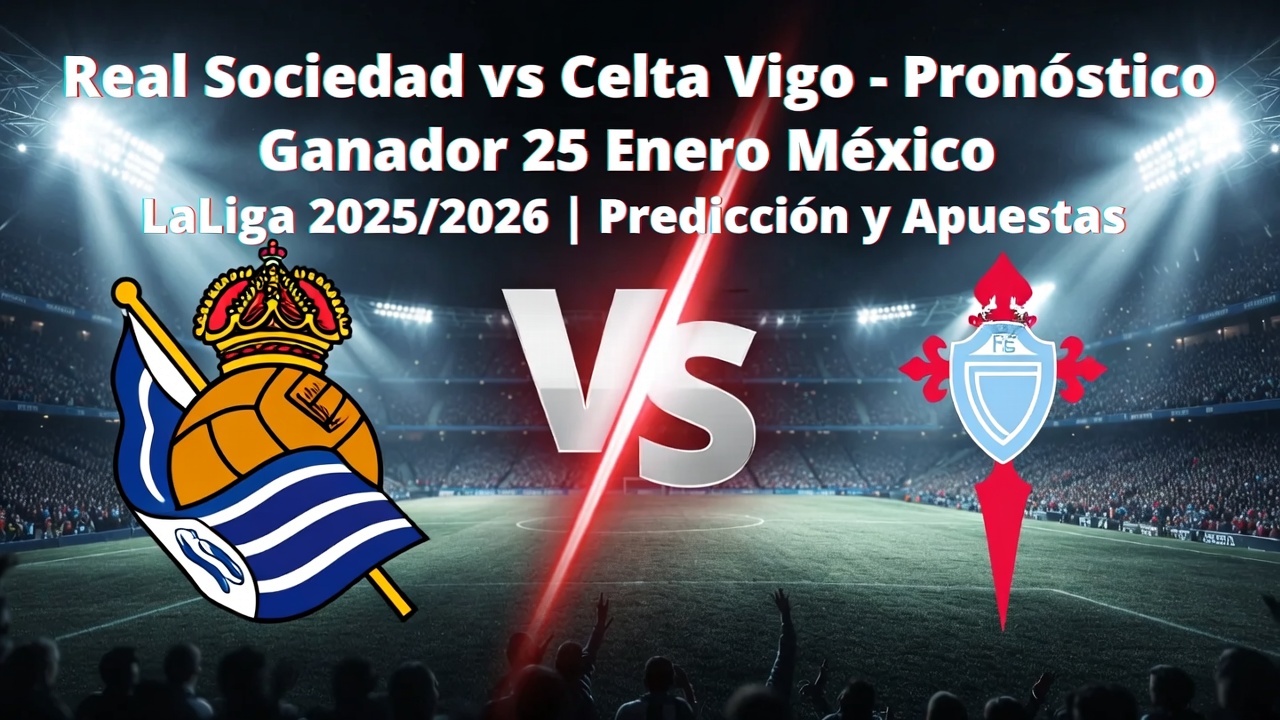 Real Sociedad vs Celta Vigo - Pronóstico Ganador 25 Enero México 为我设计一张1200*675封面，来搭配这个标题的SEO文章，图片上有文字,与赛事相关,可以出现两队队徽Aquí te dejo una descripción detallada y lista para usar (prompt optimizado) que puedes copiar y pegar directamente en una herramienta de generación de imágenes como Midjourney, Flux, Leonardo AI, DALL·E, etc. para crear tu cover de 1200×675 px perfecta para el artículo SEO sobre el pronóstico Real Sociedad vs Celta Vigo (25 enero 2026, México). Prompt recomendado (copia y pega tal cual): textHorizontal sports article cover image, 1200x675 resolution, dramatic La Liga football match atmosphere at night, dark green football pitch with bright stadium floodlights, packed crowd in background blurred, vibrant energy, split composition: left side dominant Real Sociedad blue and white stripes theme with official Real Sociedad club crest/logo large and sharp on left, right side Celta Vigo sky blue and white with red details club crest/logo large and sharp on right, in the center bold versus symbol 